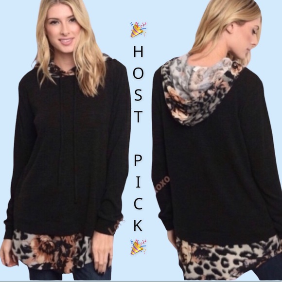 Tops - BLACK ANIMAL PRINT TIE KNIT HOODIE TUNIC TOP